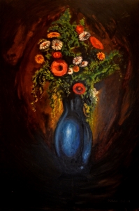 1972 Vaso bleu con papaveri e margherite ol.tl . cm.60x90 1972 