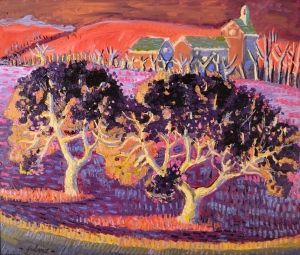 1984-Collina-con-case-e-mandorli-in-fiore-versione-al-negativo-ol.tl_.-cm.60x70-1984-