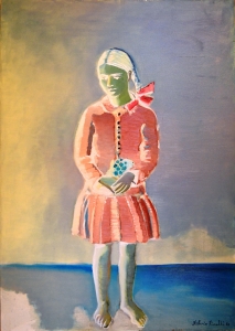 1987-Bambina-vestita-di-rosa-con-mazzolino-ol.tl_.-cm.70x100