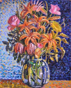 1987-Gigli-rose-e-zinnie-nel-vaso-di-vetro-ol.tl_.su-catr.-cm.40x50-1987-