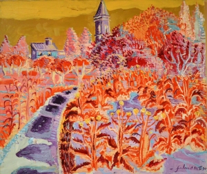 1990-Campo-di-cardi-con-strada-e-vista-di-campanile-ol.tl_.-cm.60x70-24-6-90-