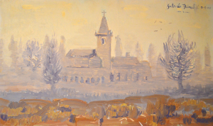 2000 'La chiesa di Casalecchio in un giorno di nebbia' ol.tv. cm.35x51