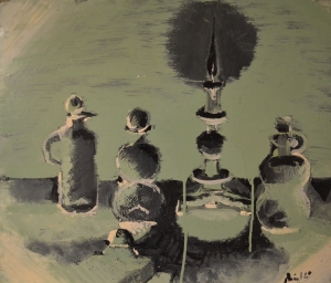 2001-Natura-morta-con-bottiglie-e-candela-accesa-smalto-su-formica-cm.50x60-2001-