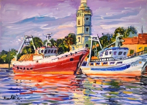 2012-Il-canale-di-Rimini-con-pescherecci-e-faro-ol.tl_.-cm.50x70-2012-