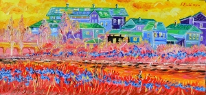 2020-lungofiume-con-margherite-selvatiche-e-palazzi-ol.-tl.-cm.50x100