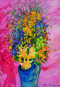 2022 'Fiori di campo su sfondo rosa' ol.tl. cm,50x70