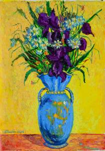 2022 'Iris ginestre e narcisi in un vaso turchese' ol.tl. cm.50x70