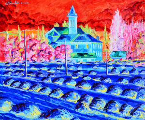 2024 La chiesa di Casalecchio con covoni ol.tl. cm.50x60