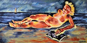 1976 Nudo-sdraiato-in-riva-al-mare-con-libro-ol.tl_.-cm.50x100