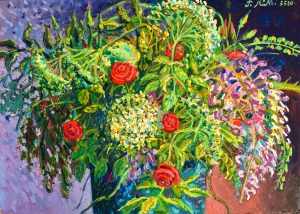 2020 Fiori di sambuco rose e glicini nel secchoio blu ol.carta cm.50x60