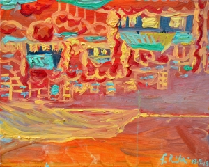 2015-veduta di riccione da villa alta, col monte di gabicce (seconda versione) ol.tl. cm.25x35