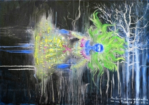 2017-limitare di un bosco nella nebbia con una presenza ol.tl. cm.70x100