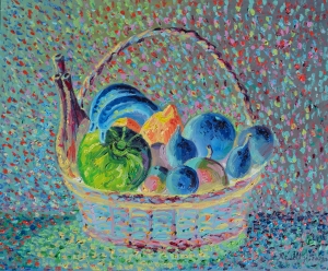 2020 cesta di vimini con ortaggi e frutta  ol. su carta applicata su masonite cm.50x60