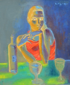 2020 ragazza al bar ol.su tl. applicata su masonite cm.50x60