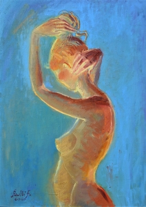 2020 ragazza che si acconcia ol.su tl. applicata su masonite cm.50x70