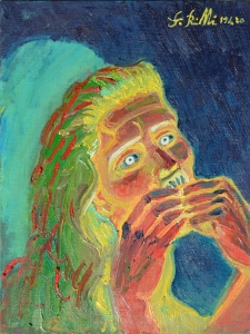 2020 ritratto di donna terrorizzata (i giorni del virus) ol.su tl. applicata su masonite cm.20x30