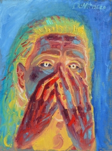 2020 volto di donna inpaurita (i giorni del virus) ol.su tl.applicata su masonite cm.40x60